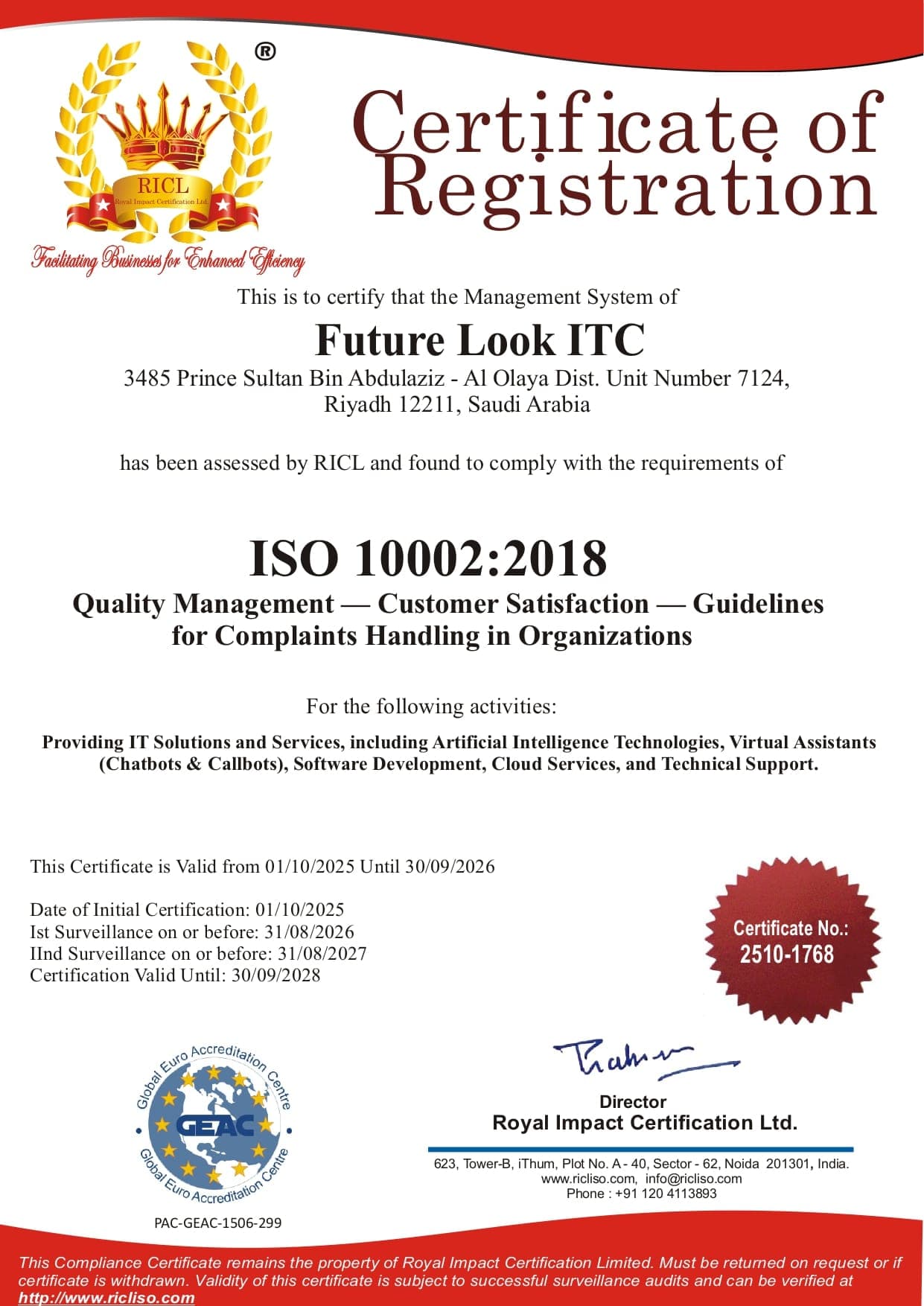 ISO 10002:2018 certificate