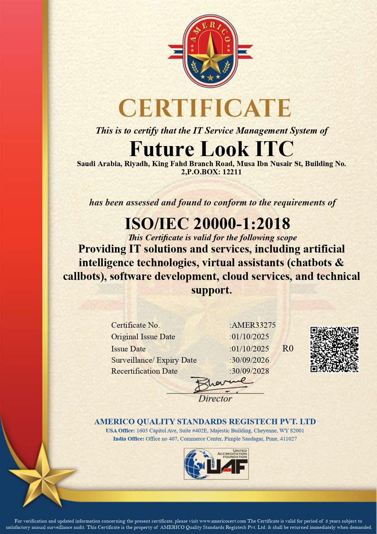 ISO/IEC 20000-1:2018 certificate