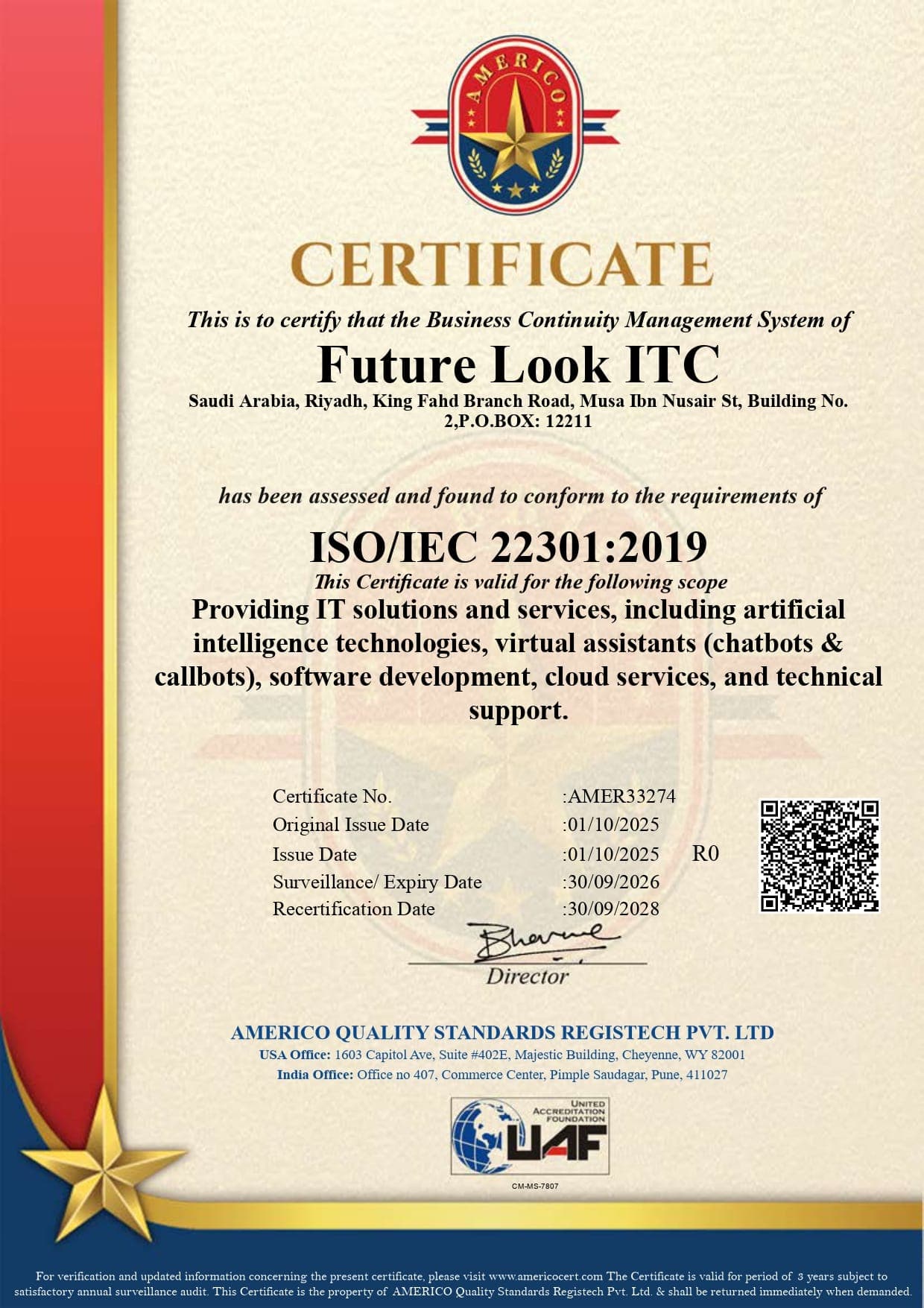 ISO/IEC 22301:2019 certificate