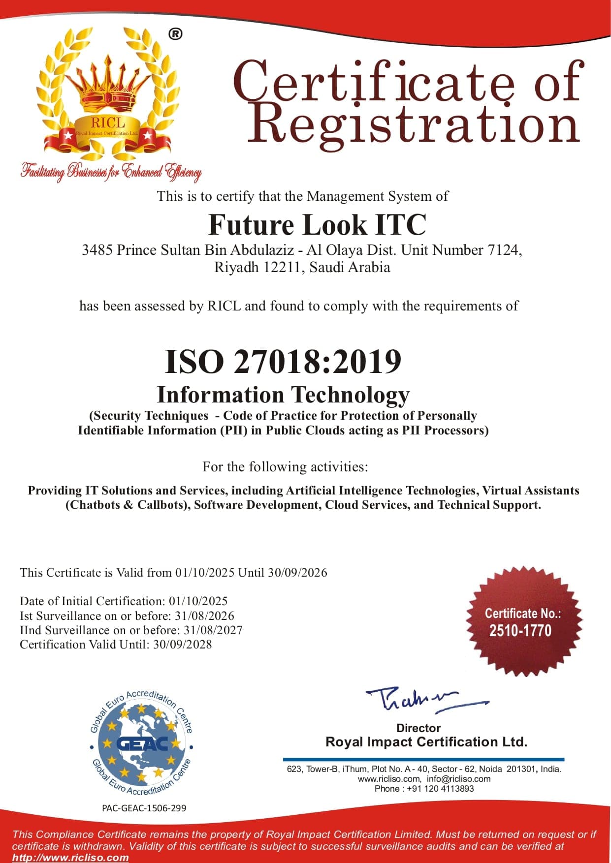 ISO 27018:2019 certificate