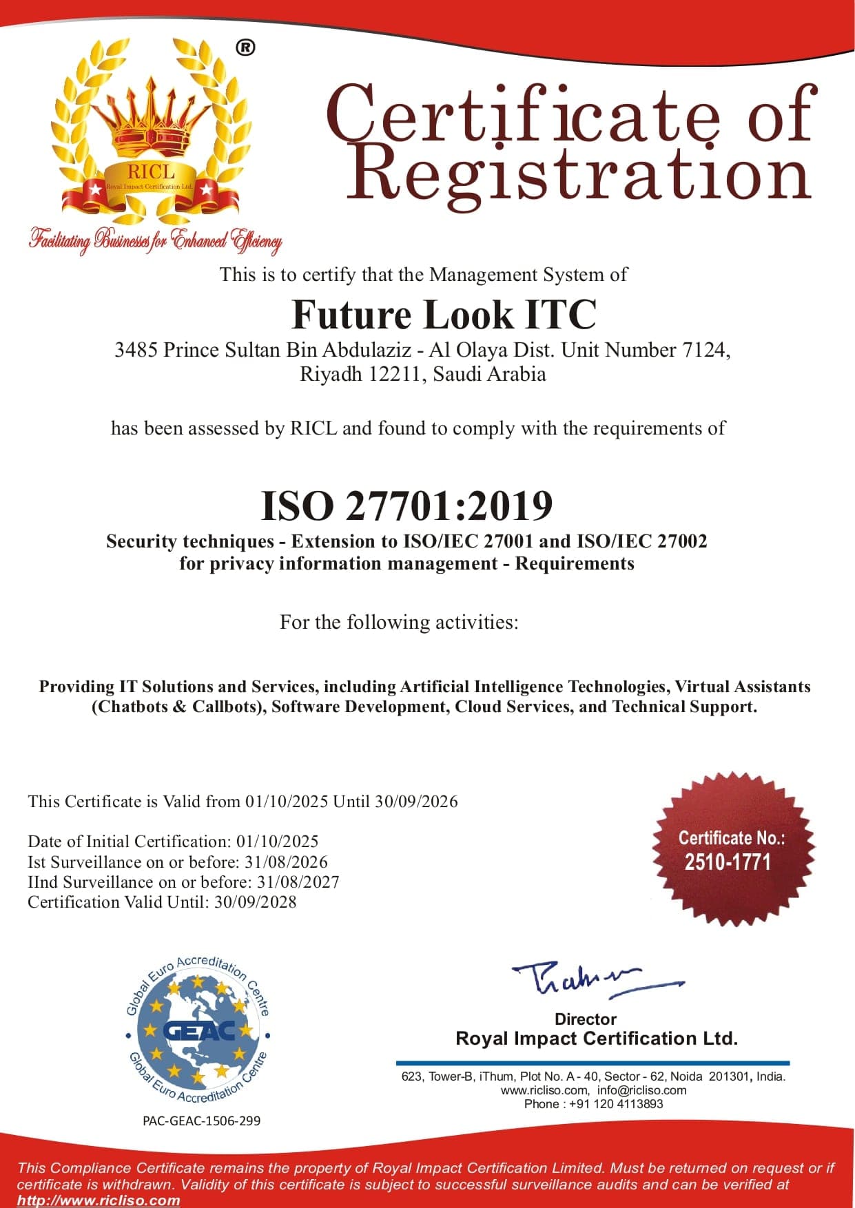 ISO 27701:2019 certificate